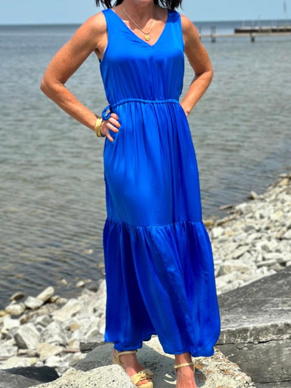 New with tags. Skies are Blue dress. Blue. V neck. Tiered. Side ties
